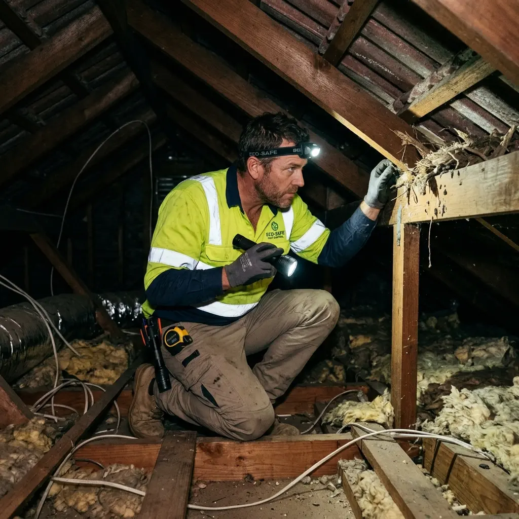 Technician inspecting a roof cavity for a dead animal in St Helena