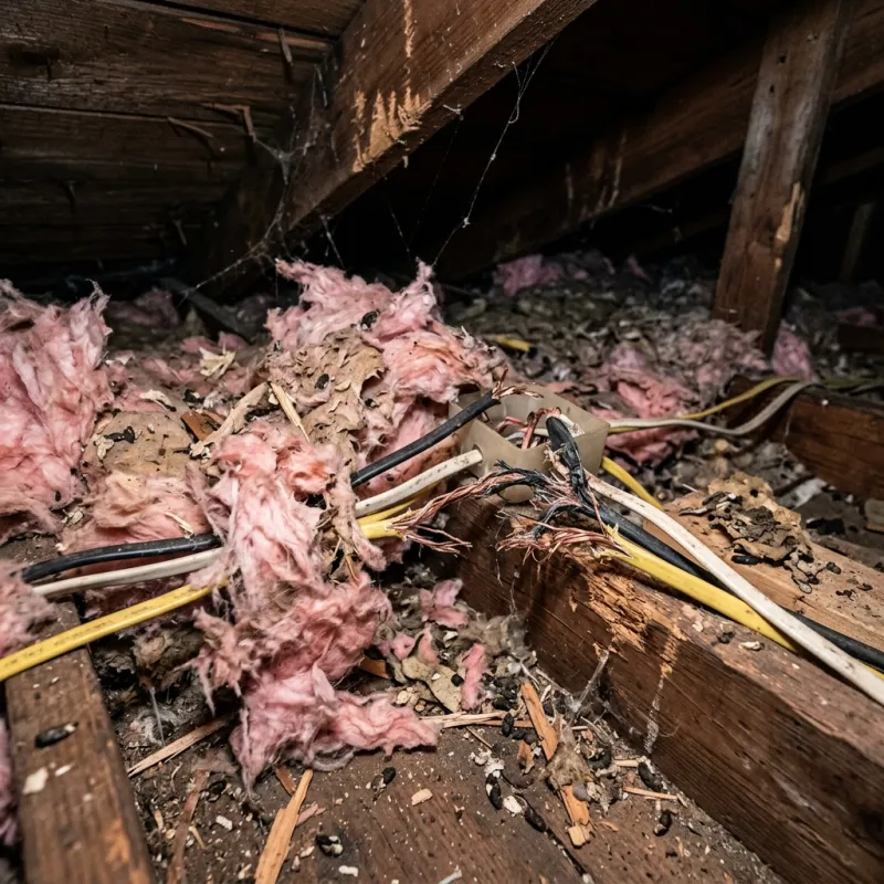 Contaminated ceiling insulation being assessed in a St Helena roof space
