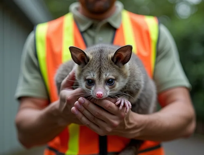 Animal handler safely recovering a deceased possum in St Helena