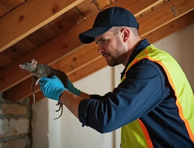 Technician inspecting a roof cavity for a dead rat in St Helena
